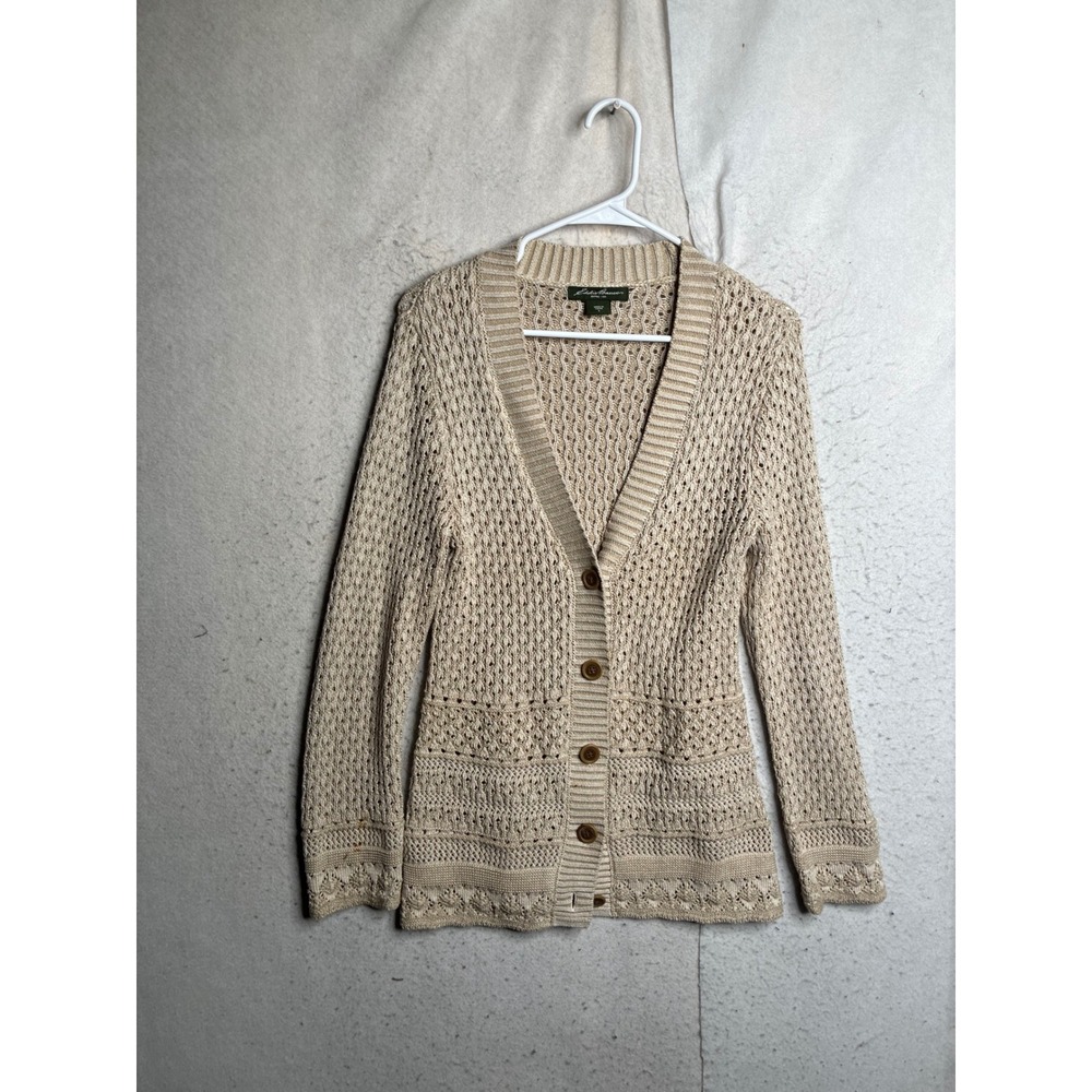 Eddie Bauer Beige Cotton Pointelle Knit V-Neck Button Front Cardigan Sweater S